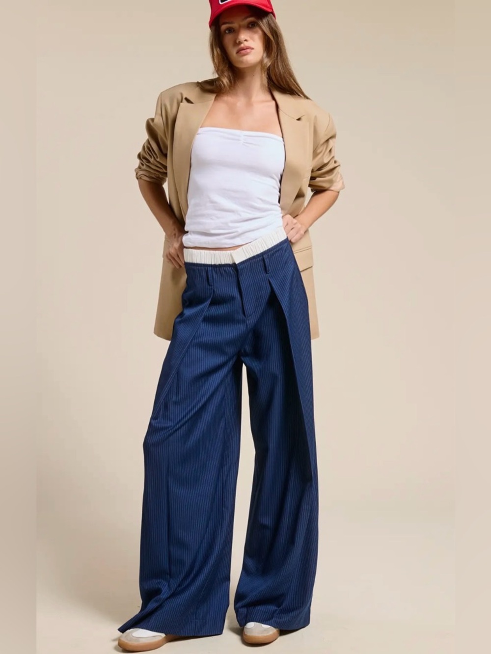 NWT Mimosa Blue Pinstripe Wide Leg Pants With Contrast Waistband - Picture 4 of 10